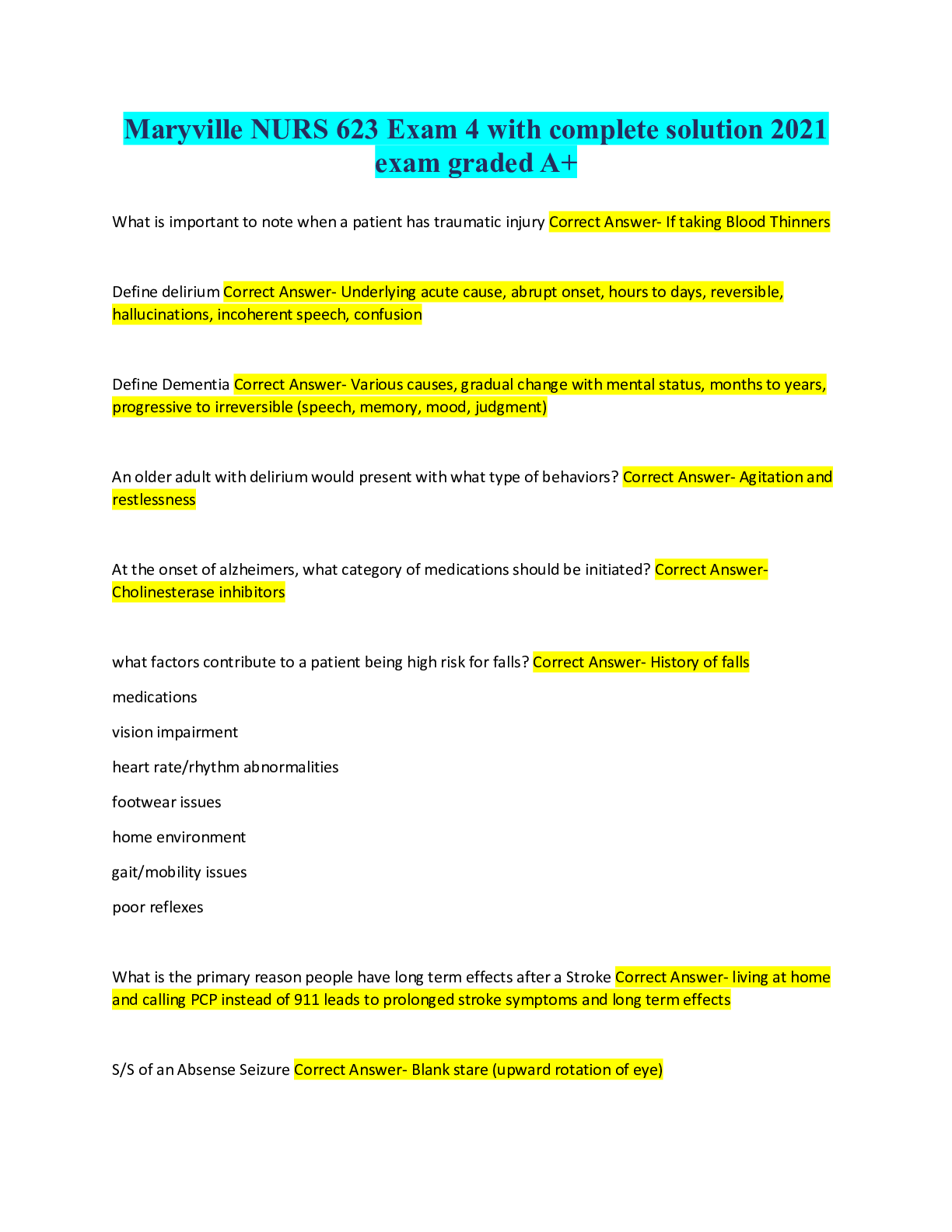 Preview image for Maryville NURS 623 Exam 4 with complete solution 2021 exam graded A+